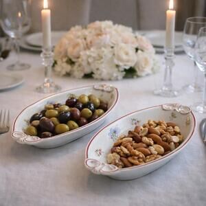 European Vintage 1940s Porcelain Floral Relish Dishes Pair, 9.5x5.5” DAMAGED